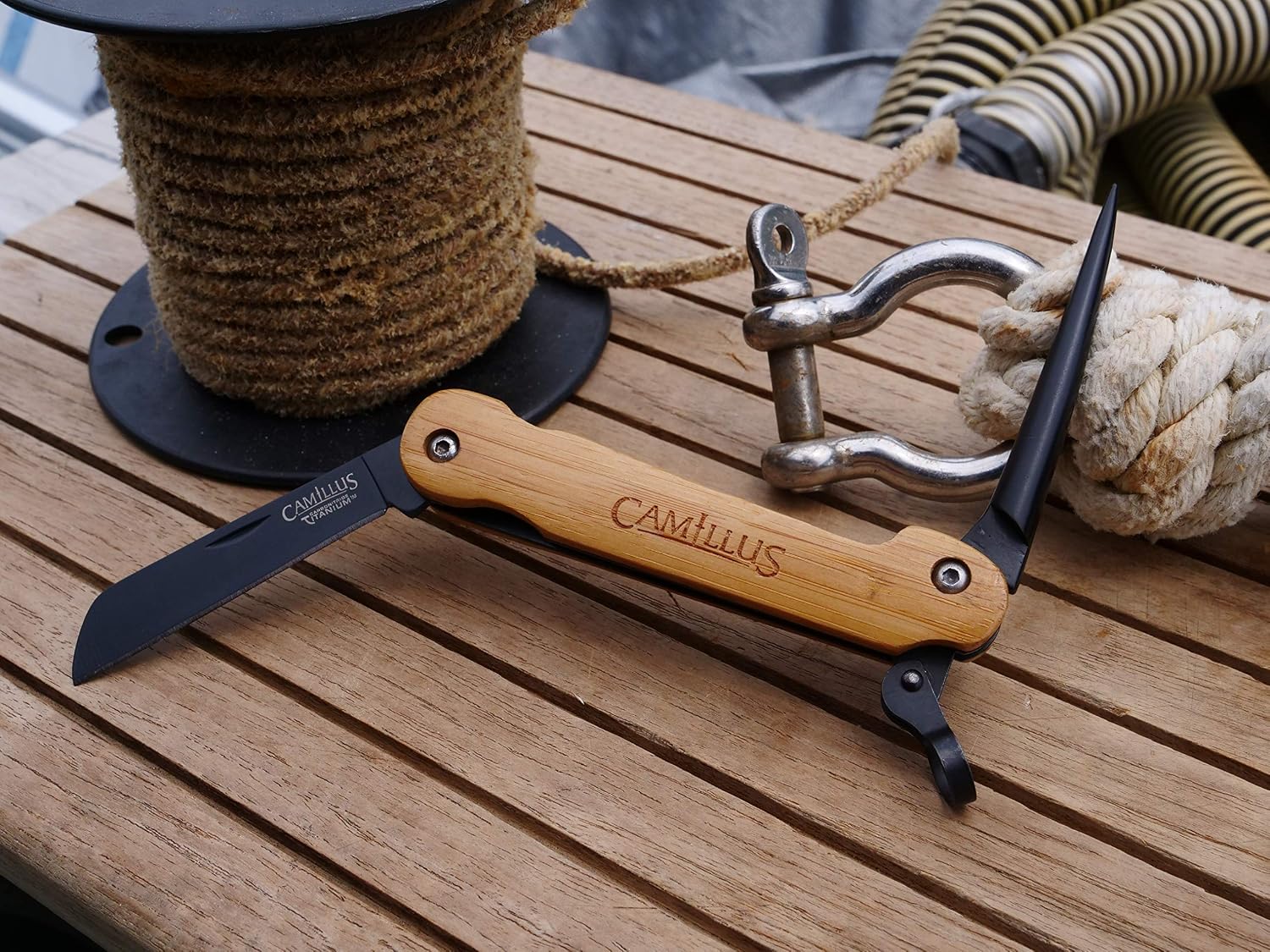 Camillus 7.5' Folder W/Marlin Spike Knife/Bamboo Handle/CARBONITRIDE Titanium™ / AUS-8