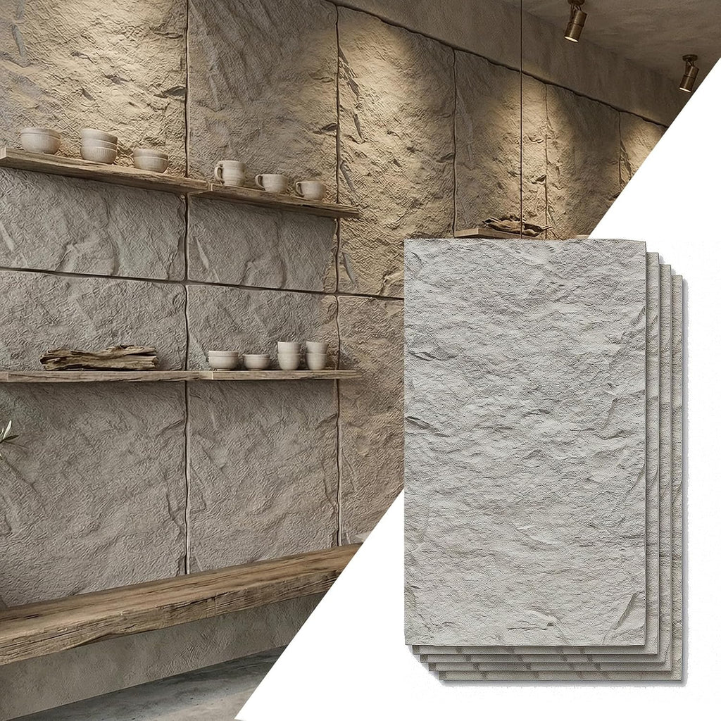 VooBang 4 Pack 3D Wall Panels, Lava Rock Molten Texture PU Wall Panels, 24'x48' Cover 32 Sq Ft Wall Tiles, Accent Wall Decor for Interior Living Room Bedroom Hotel Office, Grey