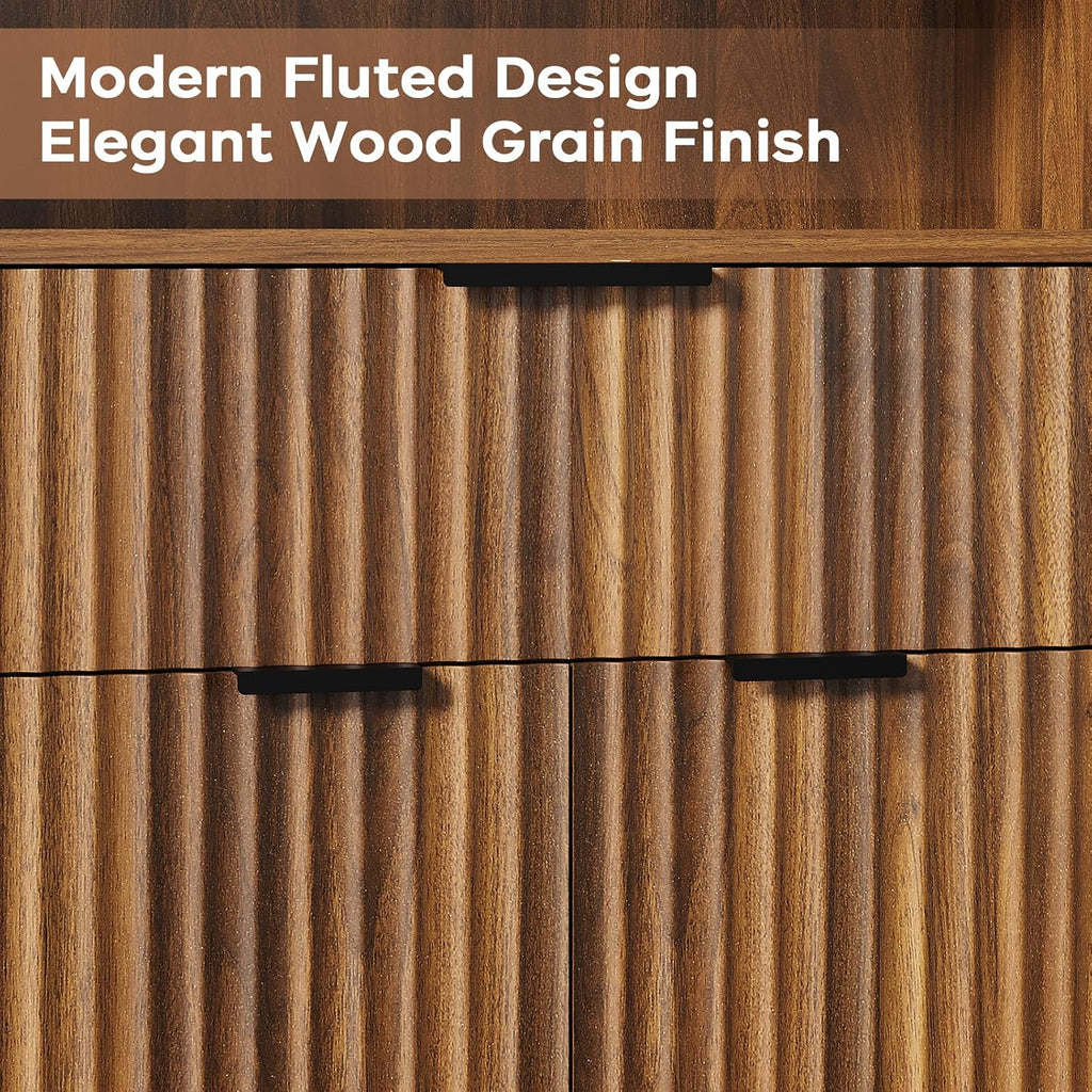Fluted Buffet Cabinet with Storage, Modern Coffee Bar Cabinet with Drawer & Adjustable Shelf, Wood Sideboard Cabinet for Kitchen, Bathroom, Entryway and Living Room Walnut