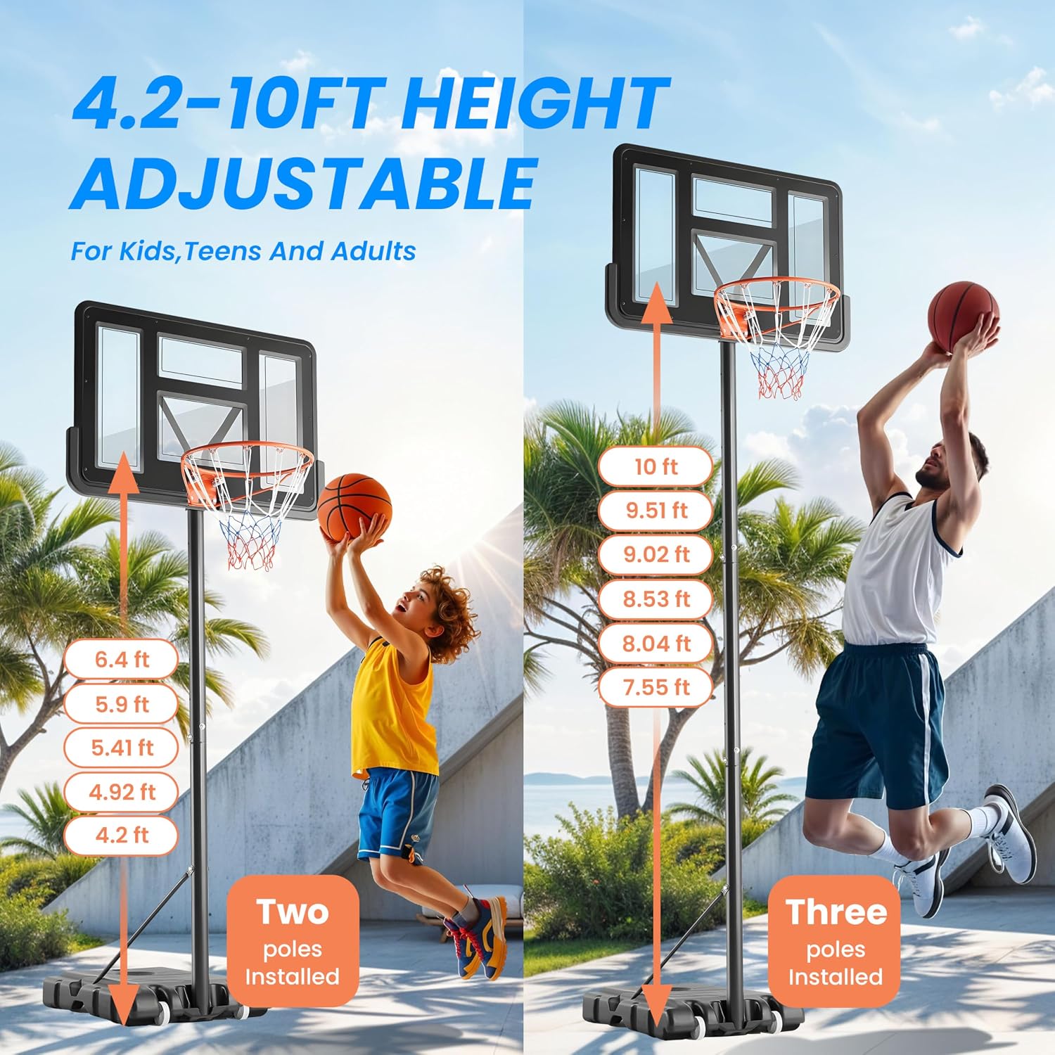 Basketball Hoop Outdoor 4.2-10ft Adjustable, Portable Basketball Goals Court System for Kids Youth&Adults in Backyard/Driveway/Indoor/Pool, 44 Inch Shatterproof Backboard Fillable Base with 2 Wheels