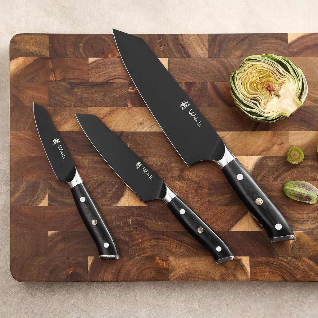 Wakoli Titanium Noir Kitchen Knife Set – 3-Piece Professional Kiritsuke Chef Knife Set | 5Cr15MoV Stainless Steel Blades with Black Titanium Coating | Ergonomic G10 Handles | Wooden Gift Box