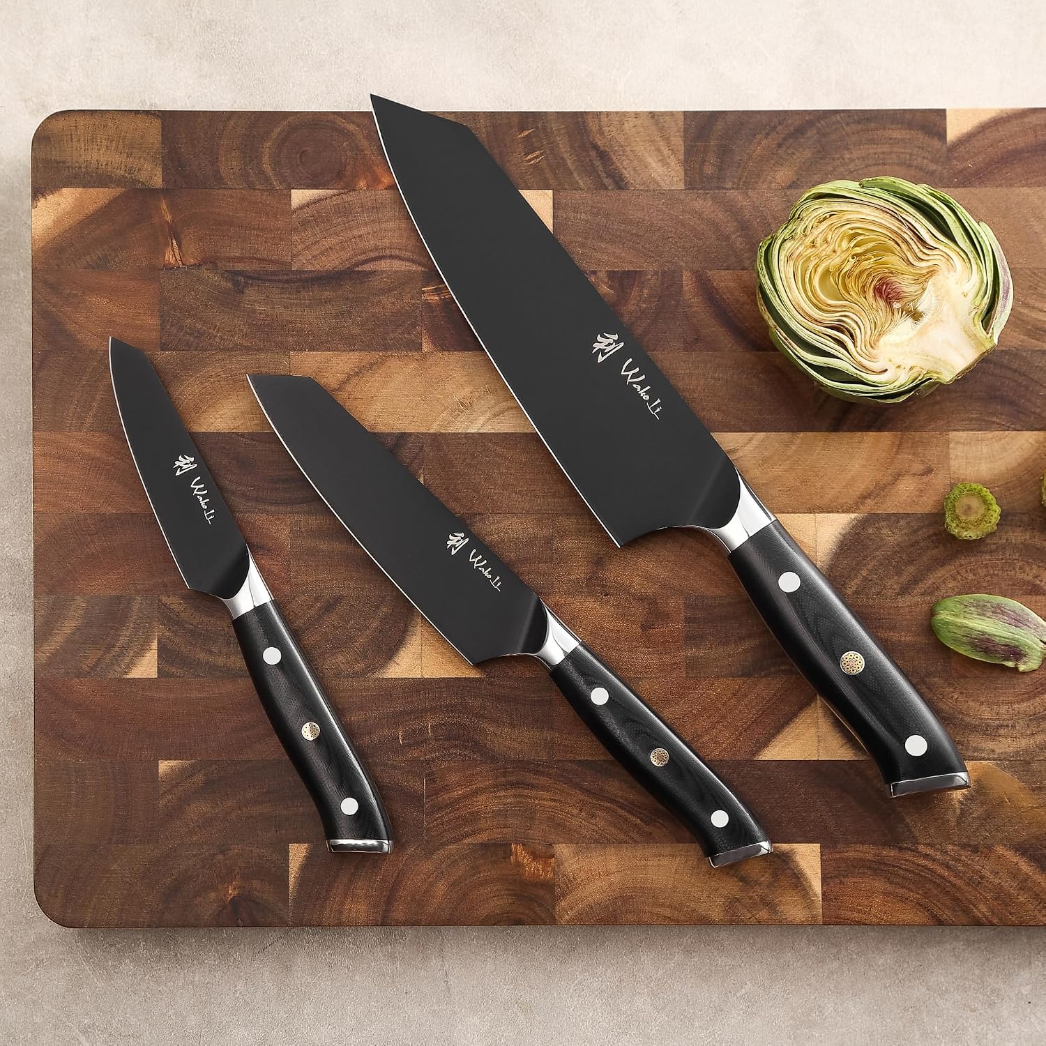 Wakoli Titanium Noir Kitchen Knife Set – 3-Piece Professional Kiritsuke Chef Knife Set | 5Cr15MoV Stainless Steel Blades with Black Titanium Coating | Ergonomic G10 Handles | Wooden Gift Box