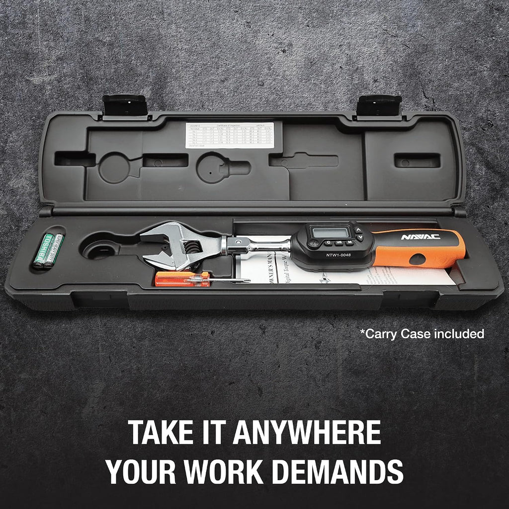 NAVAC NTW1 Digital Torque Wrench - Adjustable Jaw - Digital Readout - Torque Settings Memory - Dual Direction - Selectable Measuring Units - Indicator Lights and Sound - 1 Year Warranty