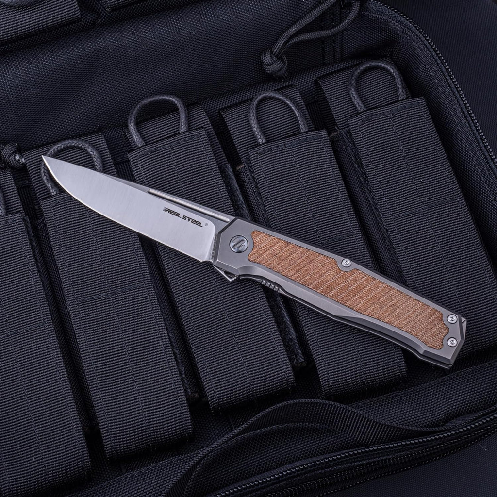 REALSTEEL Knives Rokot Premium Frame Lock Flipper Knife (S35VN Satin Drop Point Blade) Titanium TC-4 Handle (Natural Micarta Inlays)