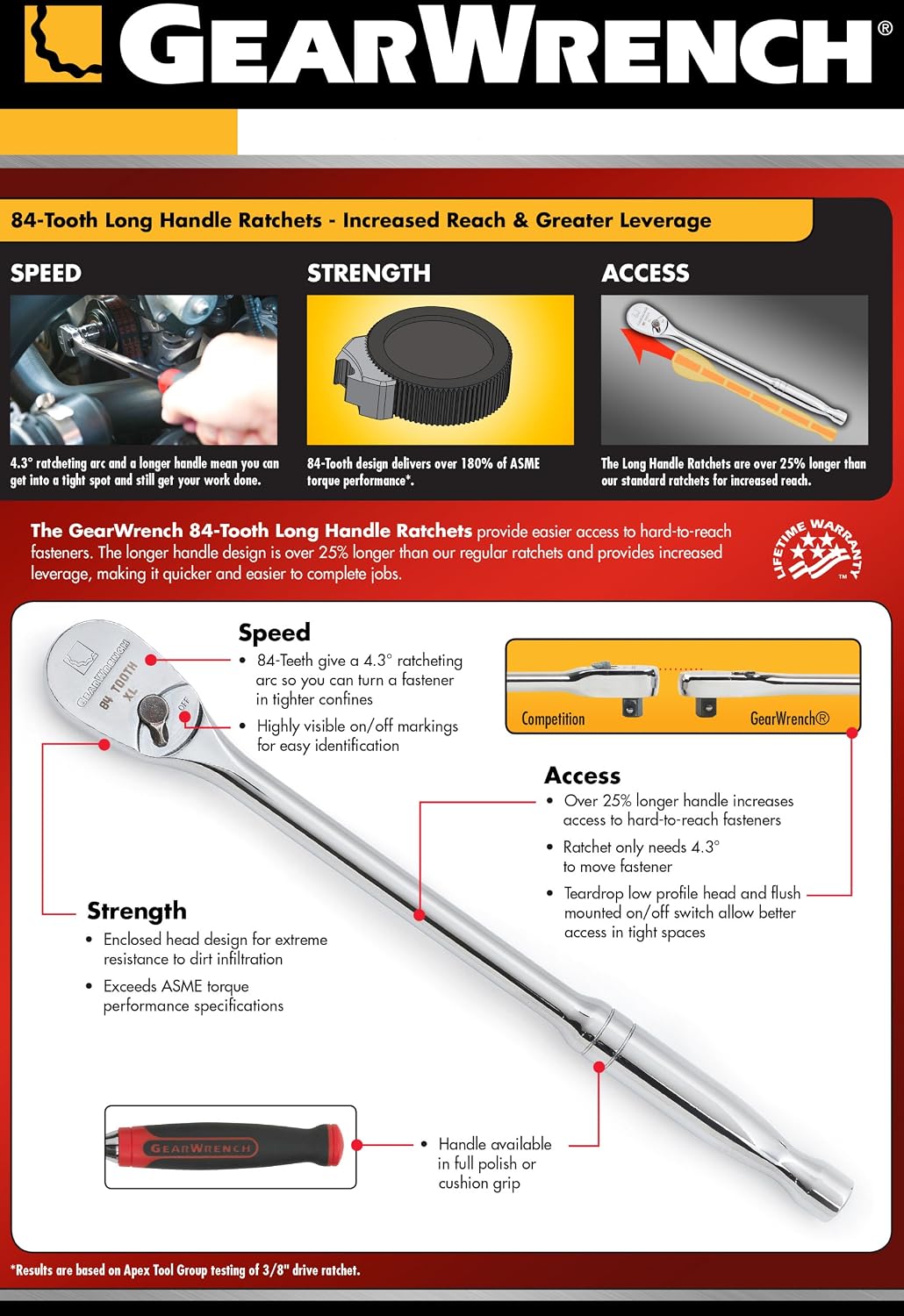 GEARWRENCH 3/8' Drive Long Handle Teardrop Ratchet 11', 84 Tooth - 81264
