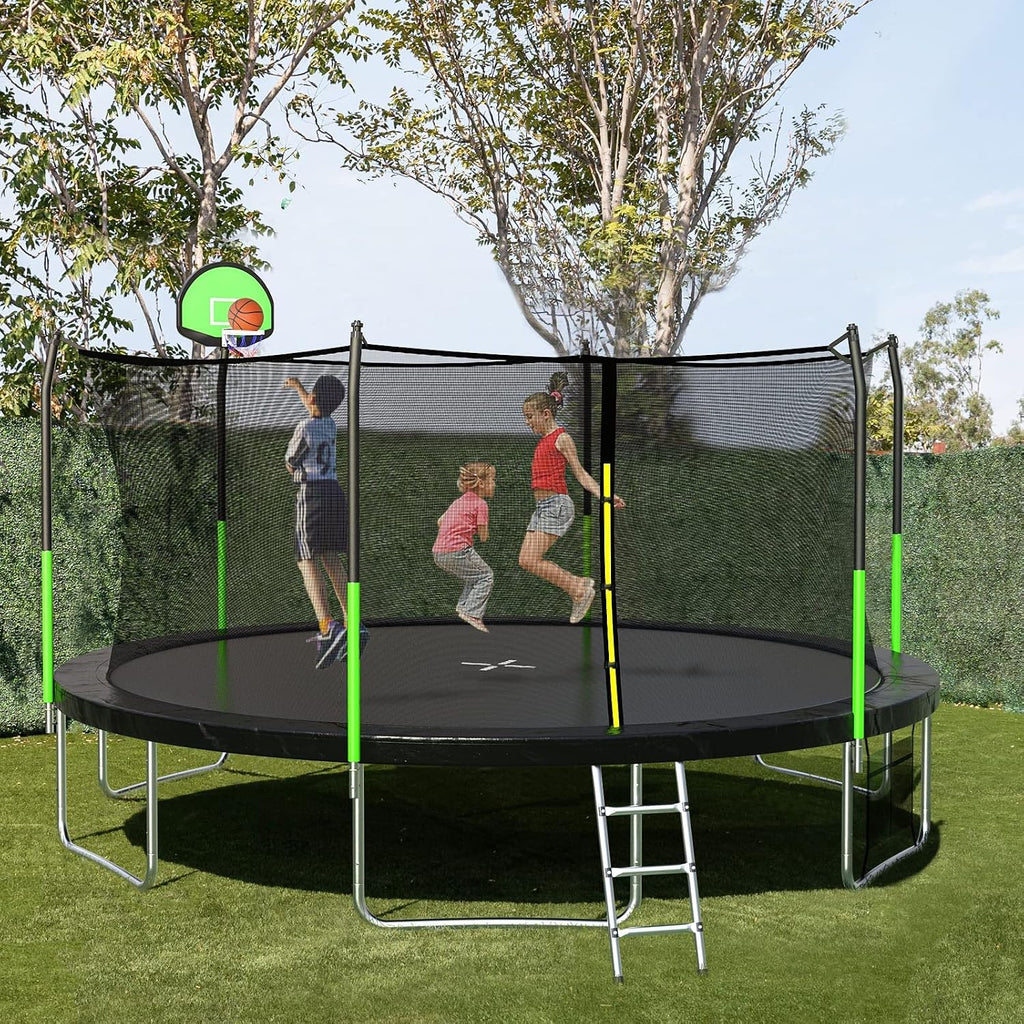 SKOK 14FT Trampolines with Net, 400LBS Outdoor Trampolines for Kids with Basketball Hoop -ASTM Approved Trampoline for Children and Adults
