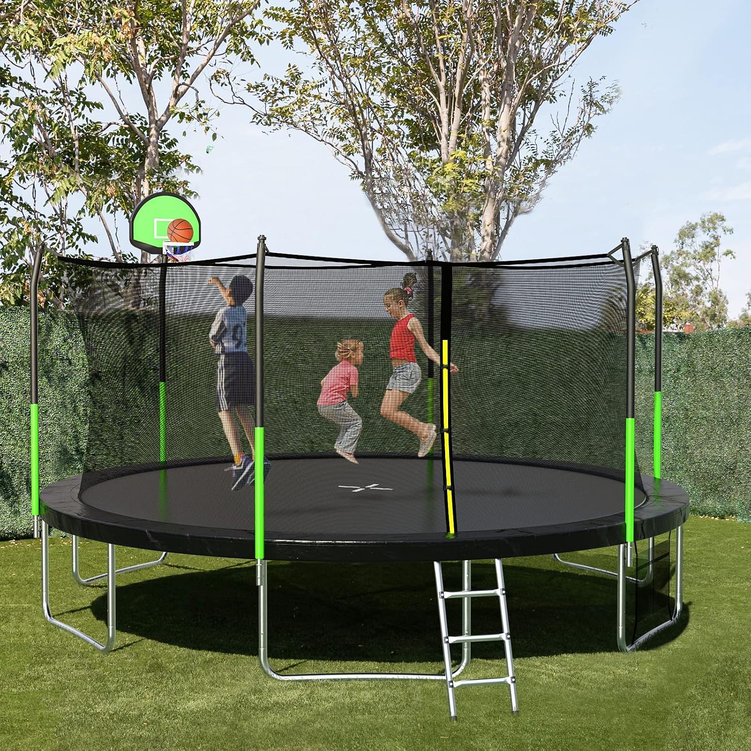 SKOK 14FT Trampolines with Net, 400LBS Outdoor Trampolines for Kids with Basketball Hoop -ASTM Approved Trampoline for Children and Adults