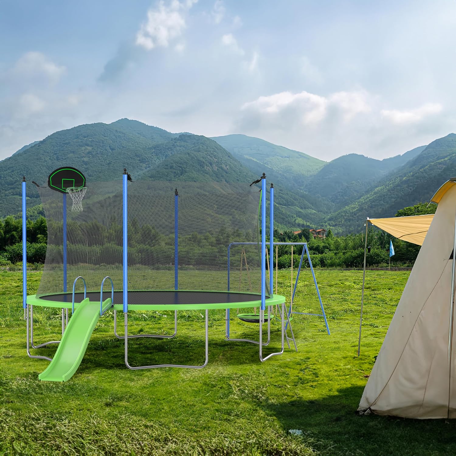 12FT Outdoor Trampoline with Slide and Swings,Recreational Trampoline with Basketball Hoop,Safety Enclosure Net and Ladder for Kids, Teens, ASTM Approved,Green