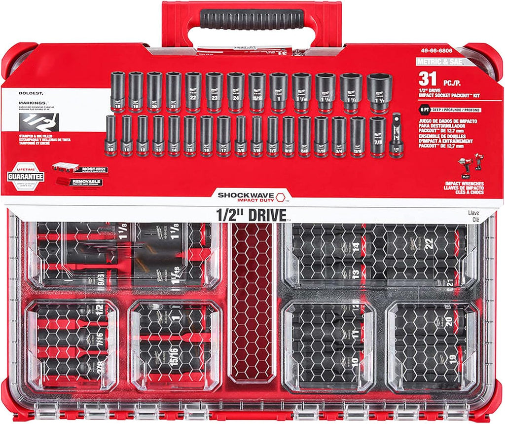 1/2 Impact Socket Set, Impact Socket Set 1/2 Drive, For Milwaukee Shockwave Impact Duty Socket 1/2 Dr Sae/mm Packout Set 31Pc Part# 49-66-6806