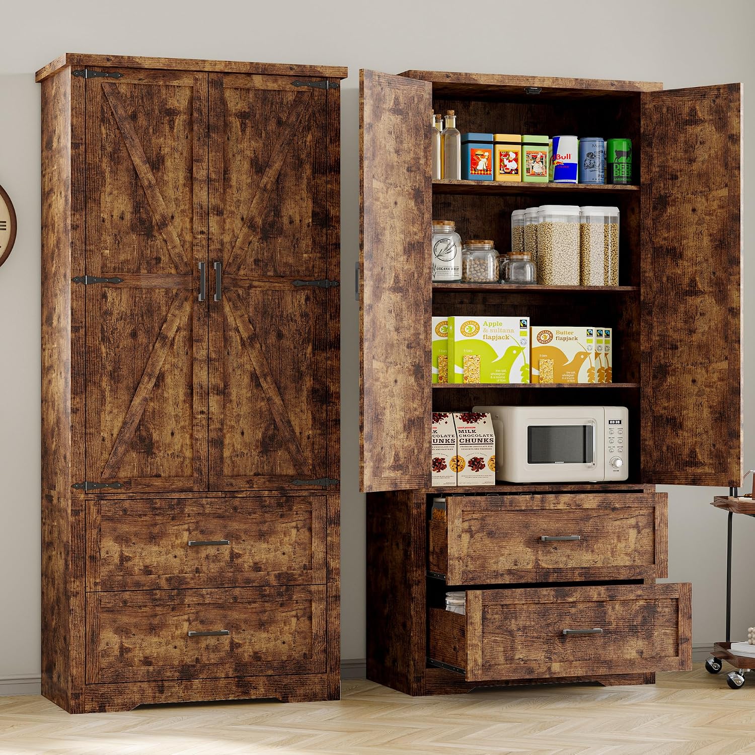 BORNOON Pantry Organizers and Storage Cabinet, 71' Barn Door White Kitchen Cabinet with Drawers and Adjustable Shelf, Tall Pantry for Kitchen, Dining Room, Living Room. Bathroom and Office