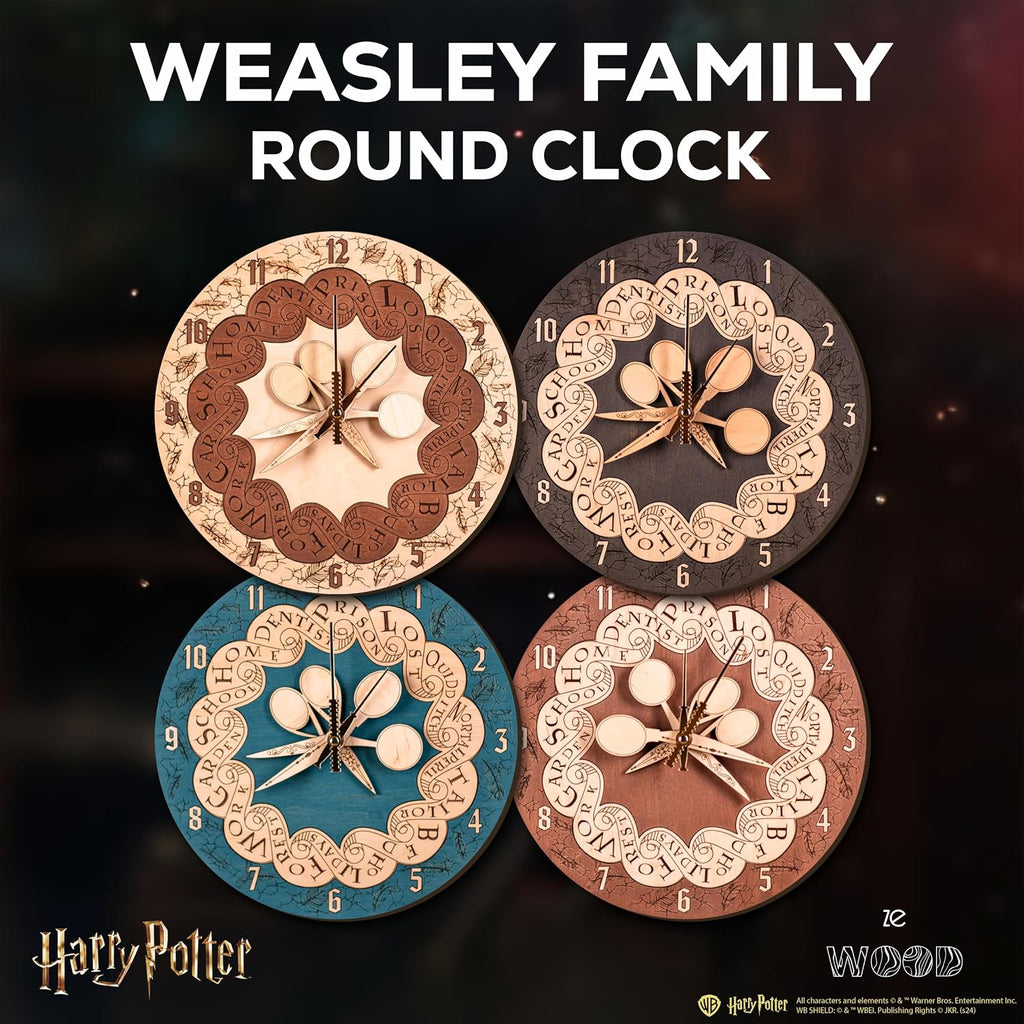 ZE WOOD Weasley Family Round Clock - Harry Potter 3D Wall Clock - Unique Dark Wooden Clock, Silent Large Modern Rustic Decorative Home Decor for Harry Potter Fans (5 spoons, M)