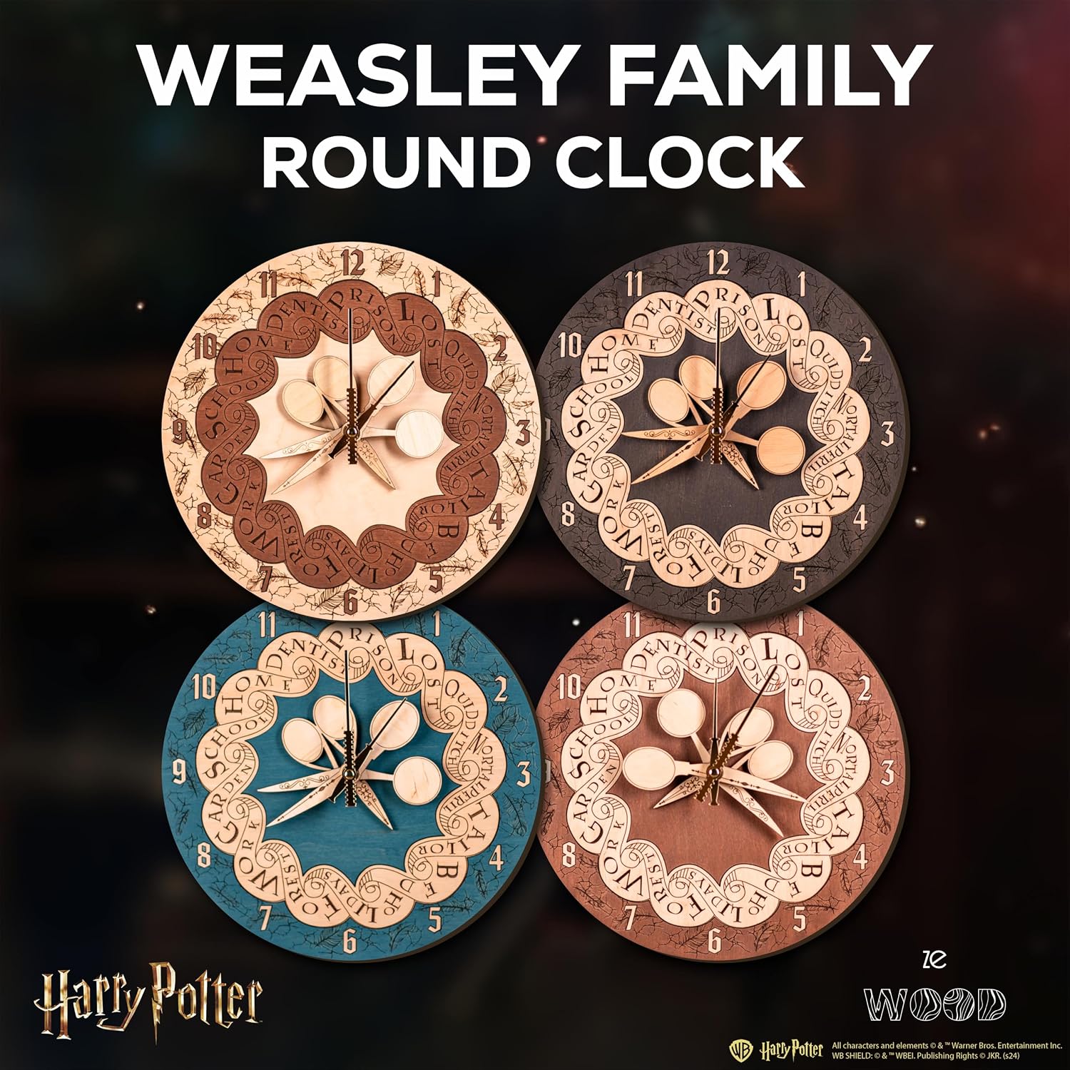 ZE WOOD Weasley Family Round Clock - Harry Potter 3D Wall Clock - Unique Dark Wooden Clock, Silent Large Modern Rustic Decorative Home Decor for Harry Potter Fans (5 spoons, M)