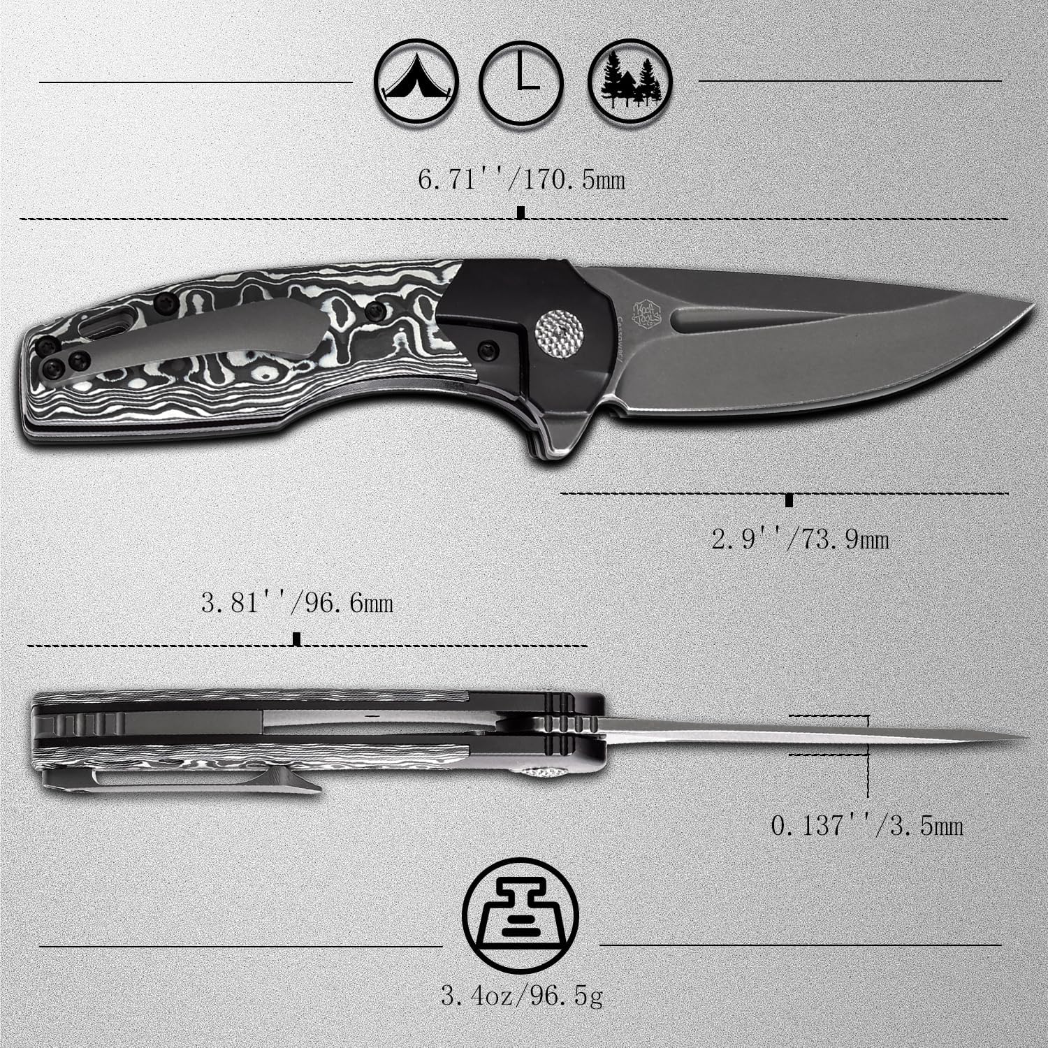 KANSEPT Cassowary Pocket Folding Knives for Men EDC Pocket Knife 2.9'' Grey TiCn Coated and Stonewashed CPM S35VN Blade with Black Anodized Titanium Black White Nebula Carbon Fiber Handle K2065B2