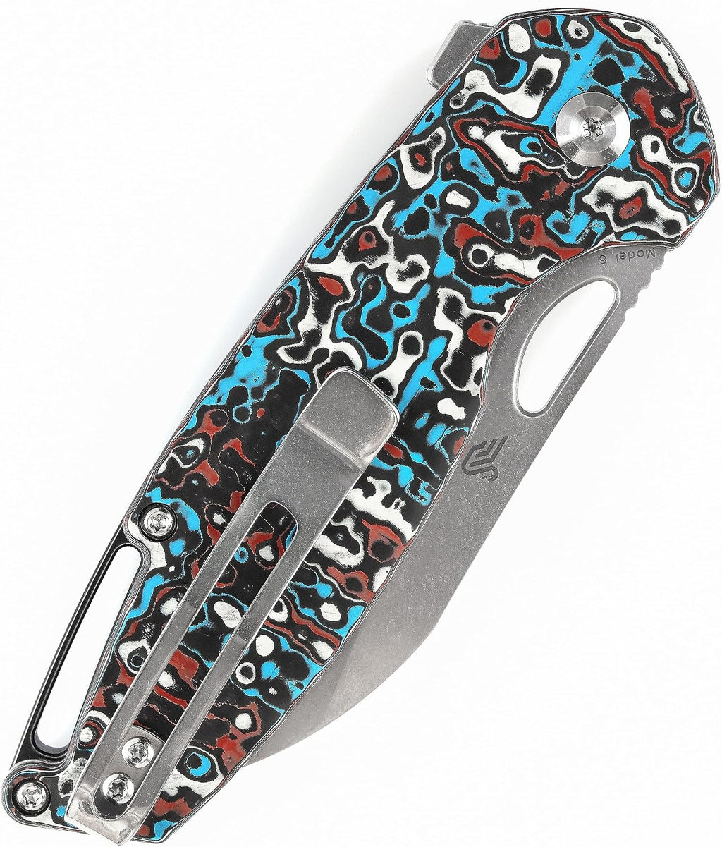 KANSEPT Model 6 Pocket Folding Knives EDC Camping Folding Knife 3.1'' Stonewashed CPM 20CV Material Pocket Folding Knife with Red Black &White Carbon Fiber Handle Everyday Carry K1022A7