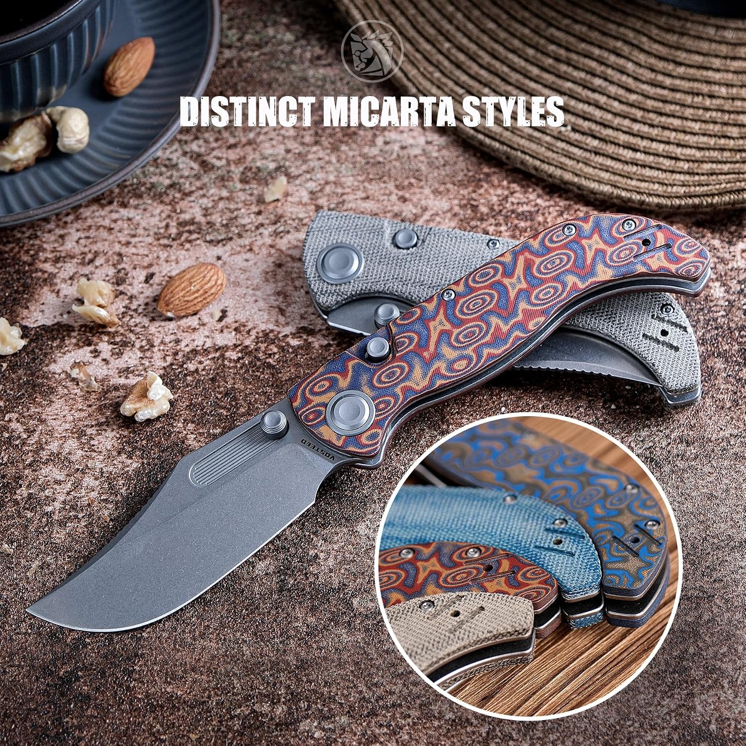 Vosteed Naga EDC Folding Pocket Knife - 3.47' S35VN Stonewash Blade, Clip Point - Top Liner Lock, Copper Raindrop Micarta Handle - Surviving, Camping Knives - A3904