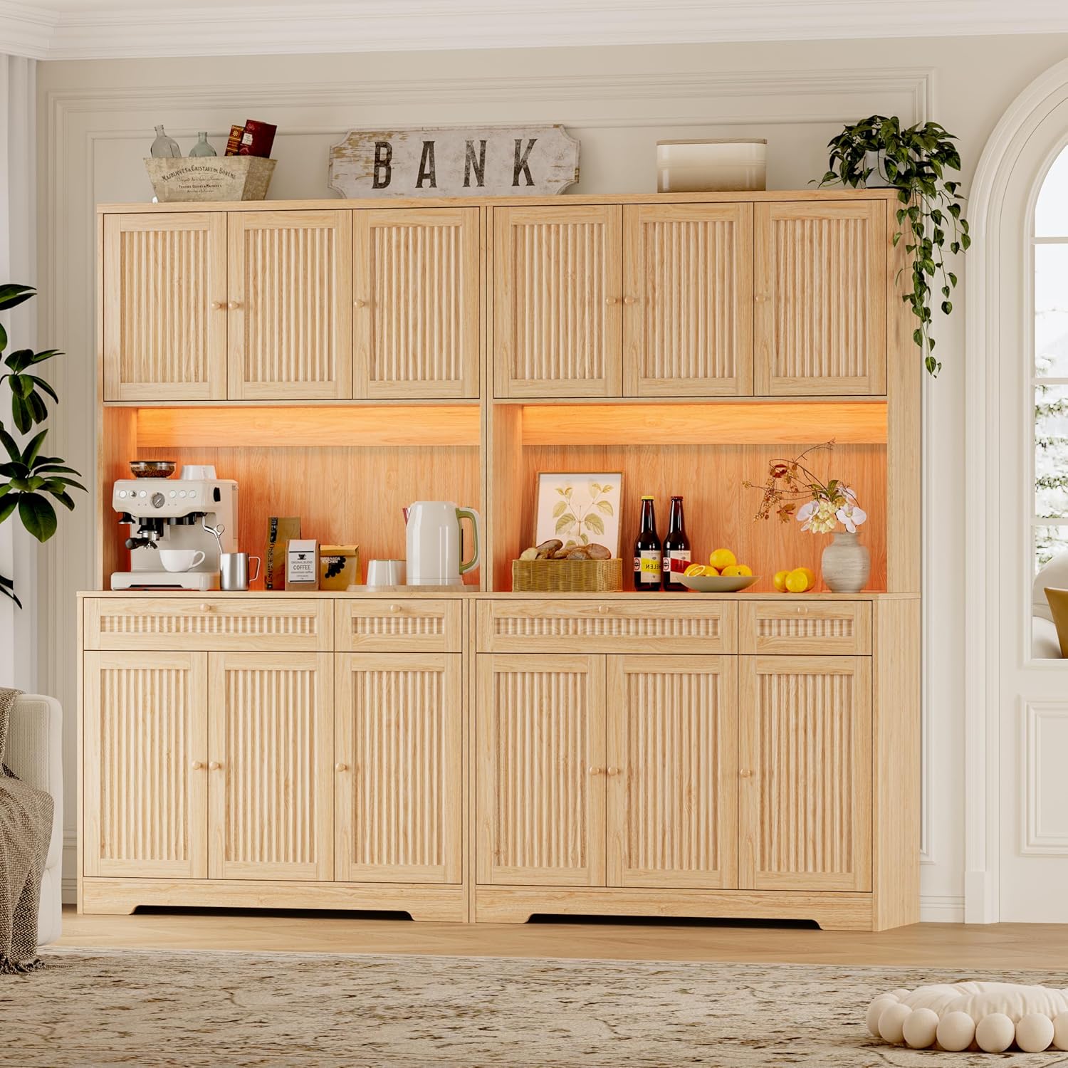 BORNOON Pantry Cabinet with Charging Station and Light, Tall Kitchen Pantry Storage Cabinet with Microwave Stand, Wide Fluted Kitchen Hutch with Storage Drawers and Adjustable Shelves for Dining Room