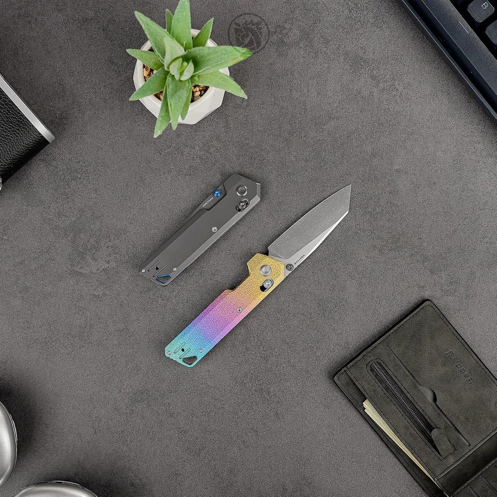 Vosteed Parallel EDC Pocket Knife - 2.90' S35VN Stonewash Blade, Reverse Tanto - Crossbar Lock, Iridescent Crackle Titanium Handle - Camping, Hiking Knives - A3508