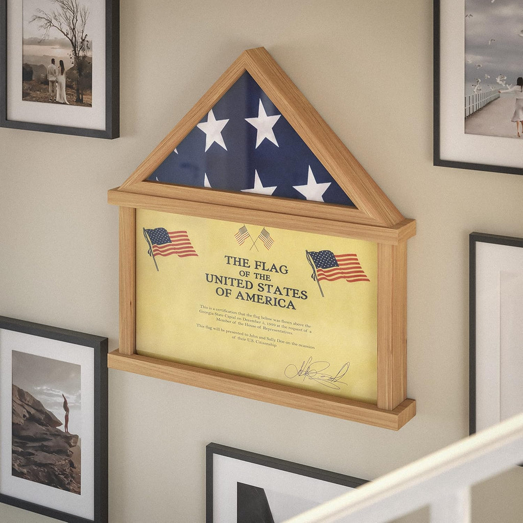 HBCY Creations Flag Display Case with Certificate Holder for 5' x 9.5' American Veteran Burial Flag, Solid Wood with Glass Front with Wall Mount or Standing Display, Weathered Wood