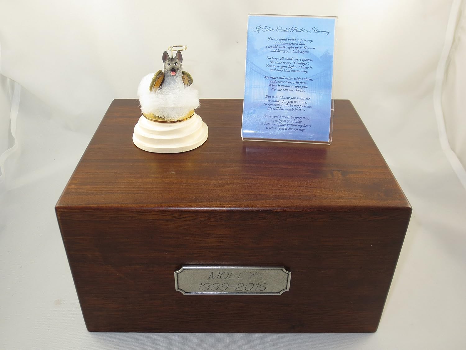 Wooden Pet Urns for Dogs with Black & Silver German Shepherd Stairway to Heaven Figurine | Large Dog Urn for Ashes | Pet Memorial Box with Personalized Pewter Engraving | Conversation Concepts