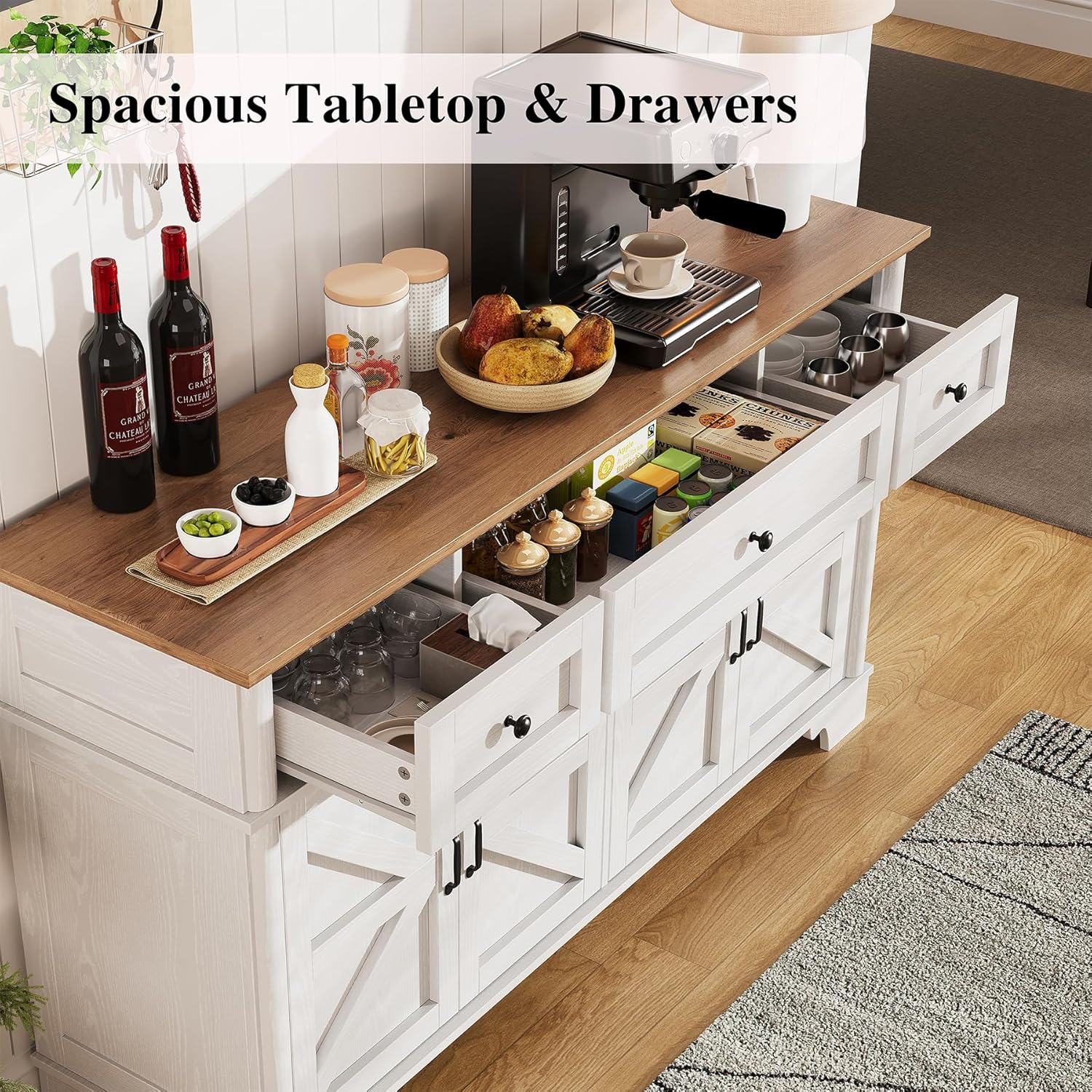 BestHaped Farmhouse Buffet Cabinet with Storage, 55 Inch White Sideboard Buffet Cabinet with Adjustable Shelves & 3 Drawers, Buffet Table Coffee Bar Wine Bar Storage for Kitchen & Living Room