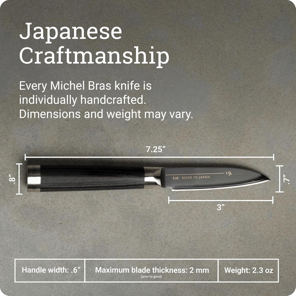 Michel BRAS No. 1 Paring Knife, 3' Handcrafted Vegetable and Fruit Knife, 3 Layer Stainless Steel Blade, Black Pakkawood Handle, Small Kitchen Tool for Peeling and Cutting