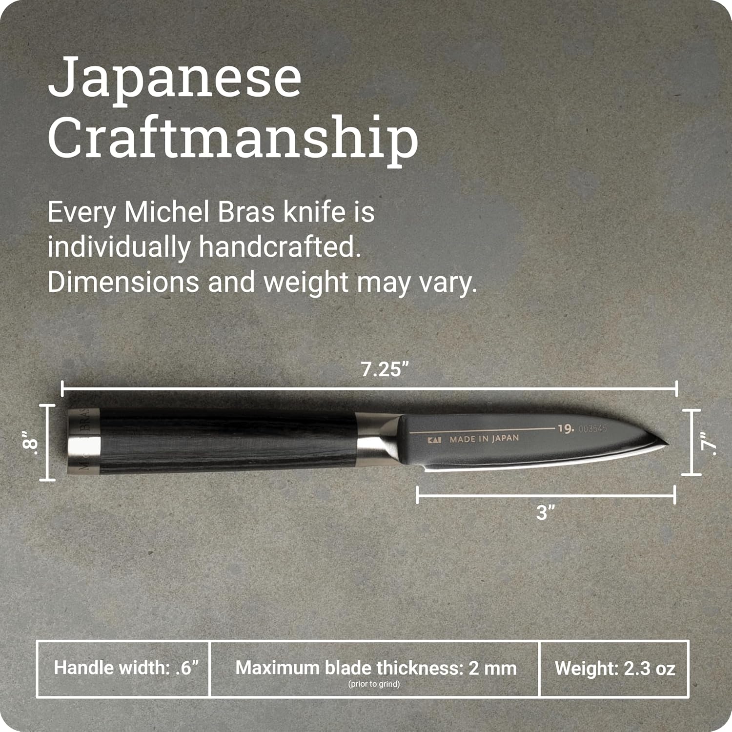 Michel BRAS No. 1 Paring Knife, 3' Handcrafted Vegetable and Fruit Knife, 3 Layer Stainless Steel Blade, Black Pakkawood Handle, Small Kitchen Tool for Peeling and Cutting