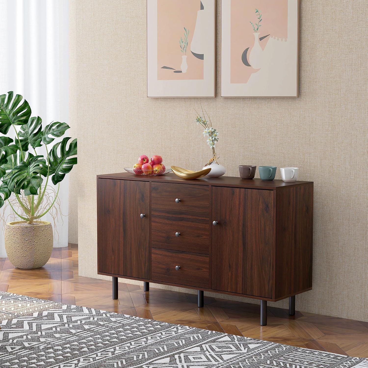 HOMCOM Storage Sideboard, Credenza Cabinet with 2 Cupboards, 3 Drawers and Adjustable Shelves, Buffet Table for Living Room, Entryway, Brown 839-545V01BN