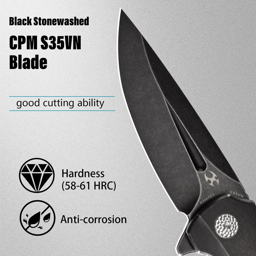KANSEPT Cassowary Pocket Folding Knives for Men EDC Pocket Knife 2.9'' Black Stonewashed CPM S35VN Blade Folding Knife with Black Stonewashed Titanium Black Rose Pattern Carbon Fiber Handle K2065B3