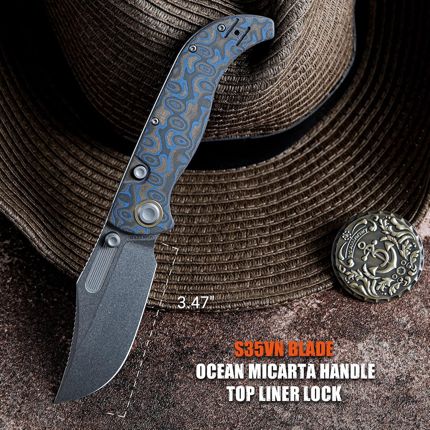Vosteed Naga EDC Folding Pocket Knife - 3.47' S35VN Stonewash Blade, Clip Point - Top Liner Lock, Blue Ocean Micarta Handle - Camping, Hunting Knives - A3903