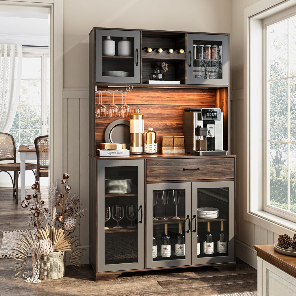 Fatmok 71' Tall Pantry Cabinet with Glass Doors, Kitchen Hutch Storage Cabinet, Coffee Bar & Liquor Cabinet with Charging Station & LED Lights, Wine Rack, Adjustable Shelves＆Large Drawer, Brown