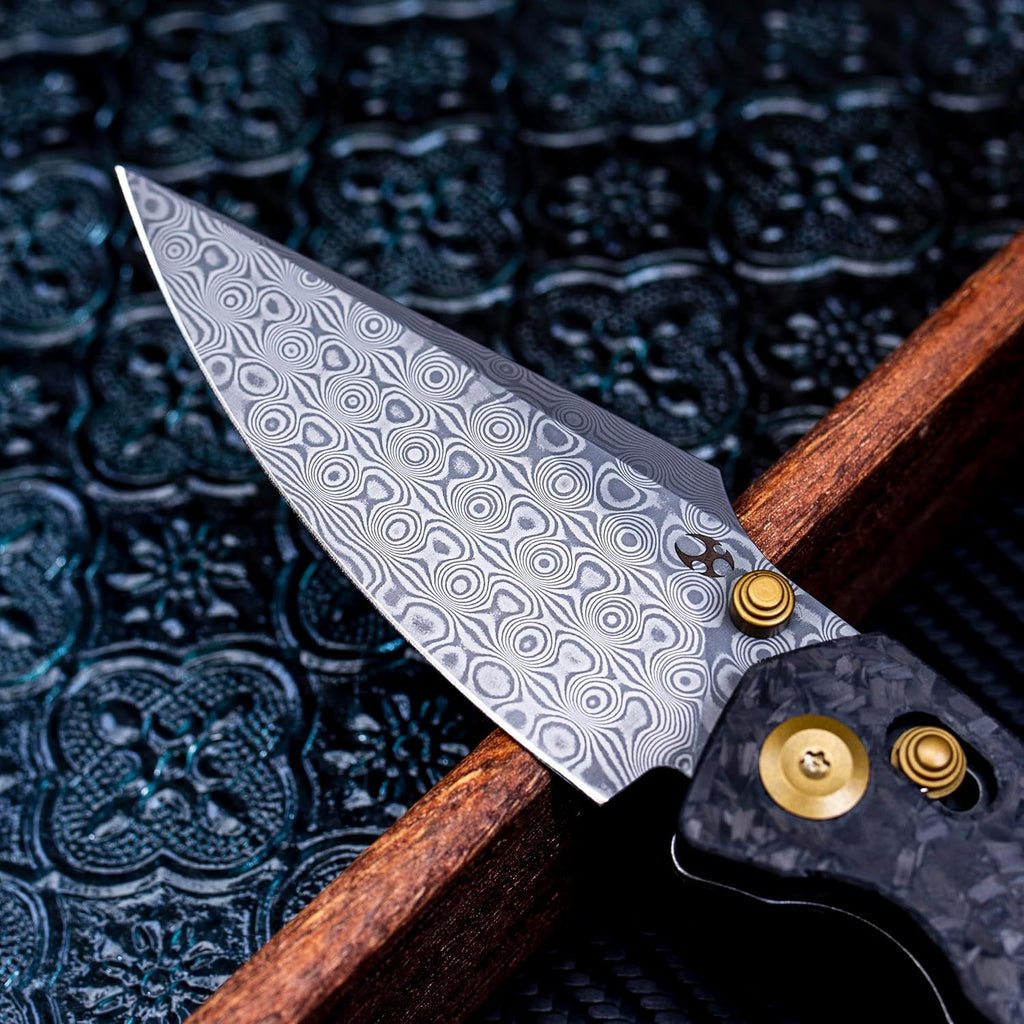 KANSEPT Fenrir Pocket Knife, 3.48'' Damascus Harpoon Sharp Blade, Shred Carbon Fiber Handle with Crossbar Lock, Bronze Thumb Stud Pocket Clip for Edc, Camping Survival Hiking Folding Knives K1034V1