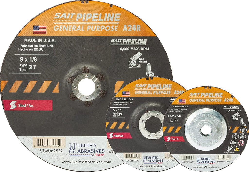 United Abrasives-SAIT 22007 A24R General Purpose Pipeline Wheel (Type 27 Depressed Center) 4' x 1/8' x 3/8', 25-Pack