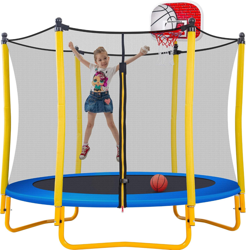 Merax 66'' Trampoline for Kids with Basketball Hoop, Rubber Ball and Enclosure Net