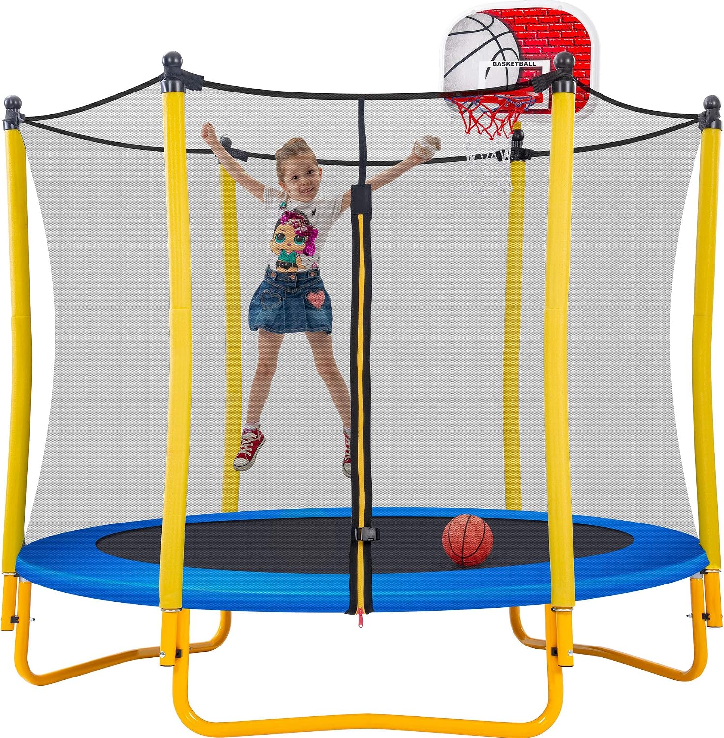 Merax 66'' Trampoline for Kids with Basketball Hoop, Rubber Ball and Enclosure Net