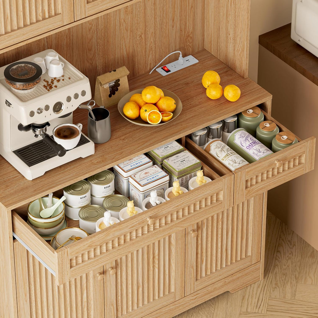 BORNOON Pantry Cabinet with Charging Station and Light, Tall Kitchen Pantry Storage Cabinet with Microwave Stand, Wide Fluted Kitchen Hutch with Storage Drawers and Adjustable Shelves for Dining Room