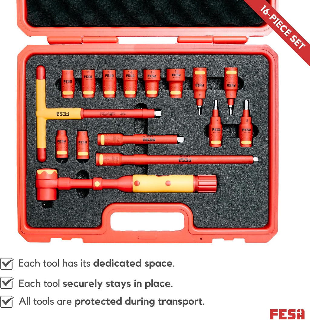 FESA Insulated Torque Socket Set - 16-Piece 1000V Insulated Tool Set w/ 3/8' Drive Insulated Torque Wrench (10-50 Nm), 8 Metric Sockets, 4 Hex Bit Sockets, 2 Extension Bars, T-Handle & Protective Case