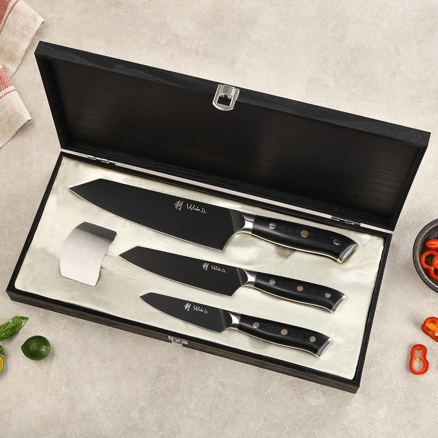 Wakoli Titanium Noir Kitchen Knife Set – 3-Piece Professional Kiritsuke Chef Knife Set | 5Cr15MoV Stainless Steel Blades with Black Titanium Coating | Ergonomic G10 Handles | Wooden Gift Box