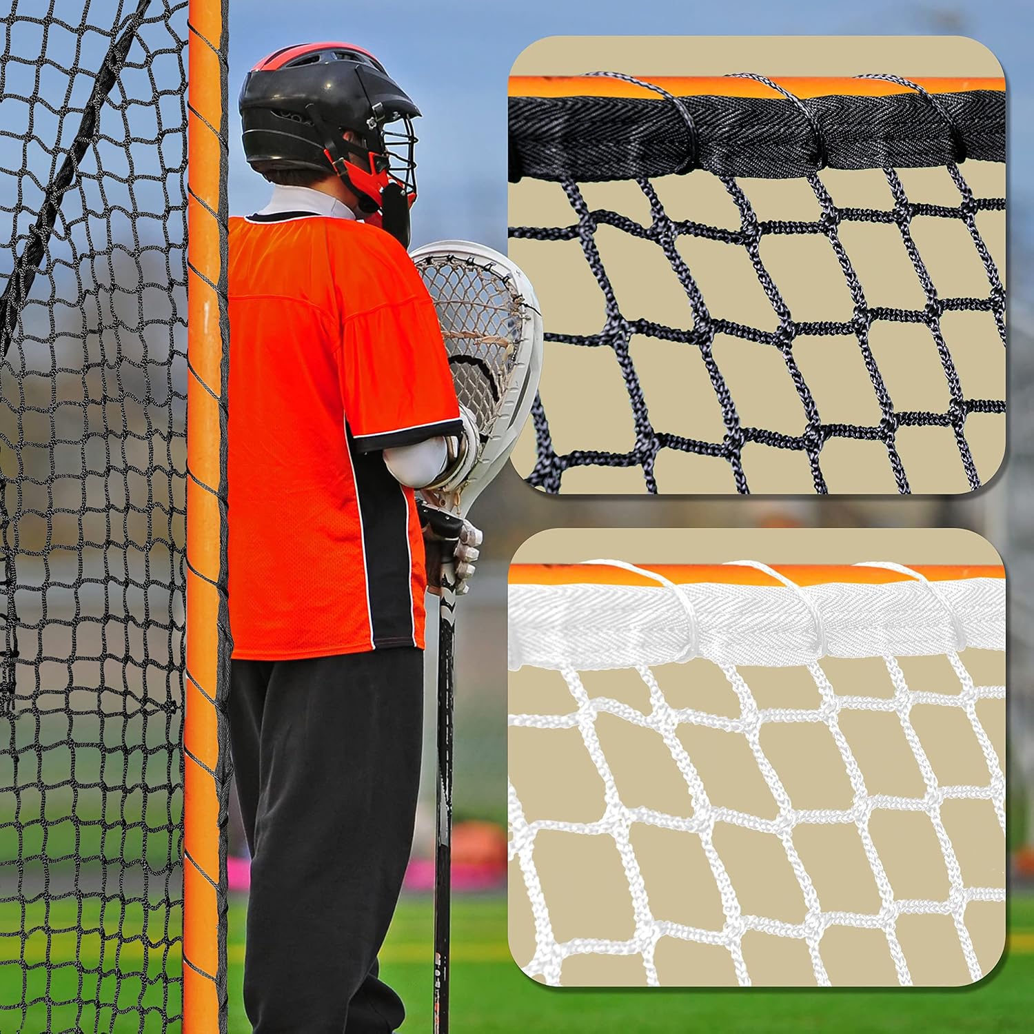 Velocity Heavy Duty Black & White Lacrosse Net - Fits 6'x6'x7' Goals - Weatherproof, UV Resistant 1000D High-Strength Polyester - Comes with 100+ Feet of Lacing Cord and 4 Quick Ties