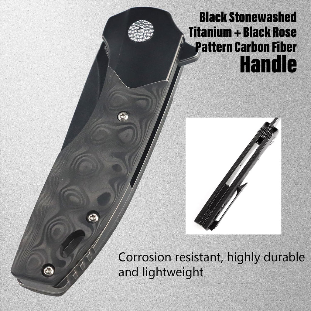 KANSEPT Cassowary Pocket Folding Knives for Men EDC Pocket Knife 2.9'' Black Stonewashed CPM S35VN Blade Folding Knife with Black Stonewashed Titanium Black Rose Pattern Carbon Fiber Handle K2065B3