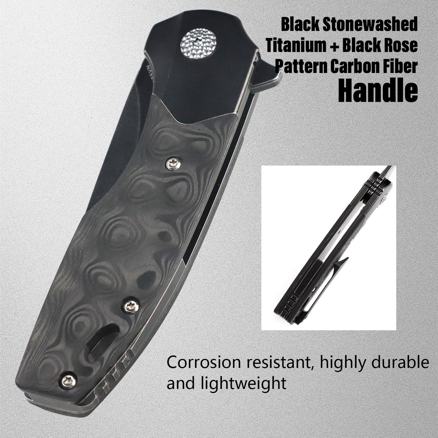KANSEPT Cassowary Pocket Folding Knives for Men EDC Pocket Knife 2.9'' Black Stonewashed CPM S35VN Blade Folding Knife with Black Stonewashed Titanium Black Rose Pattern Carbon Fiber Handle K2065B3