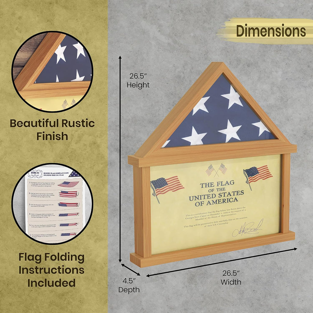 HBCY Creations Flag Display Case with Certificate Holder for 5' x 9.5' American Veteran Burial Flag, Solid Wood with Glass Front with Wall Mount or Standing Display, Weathered Wood