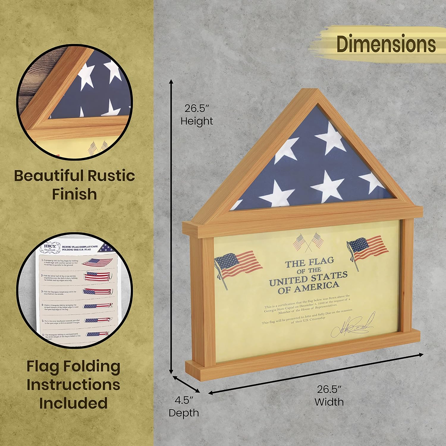 HBCY Creations Flag Display Case with Certificate Holder for 5' x 9.5' American Veteran Burial Flag, Solid Wood with Glass Front with Wall Mount or Standing Display, Weathered Wood
