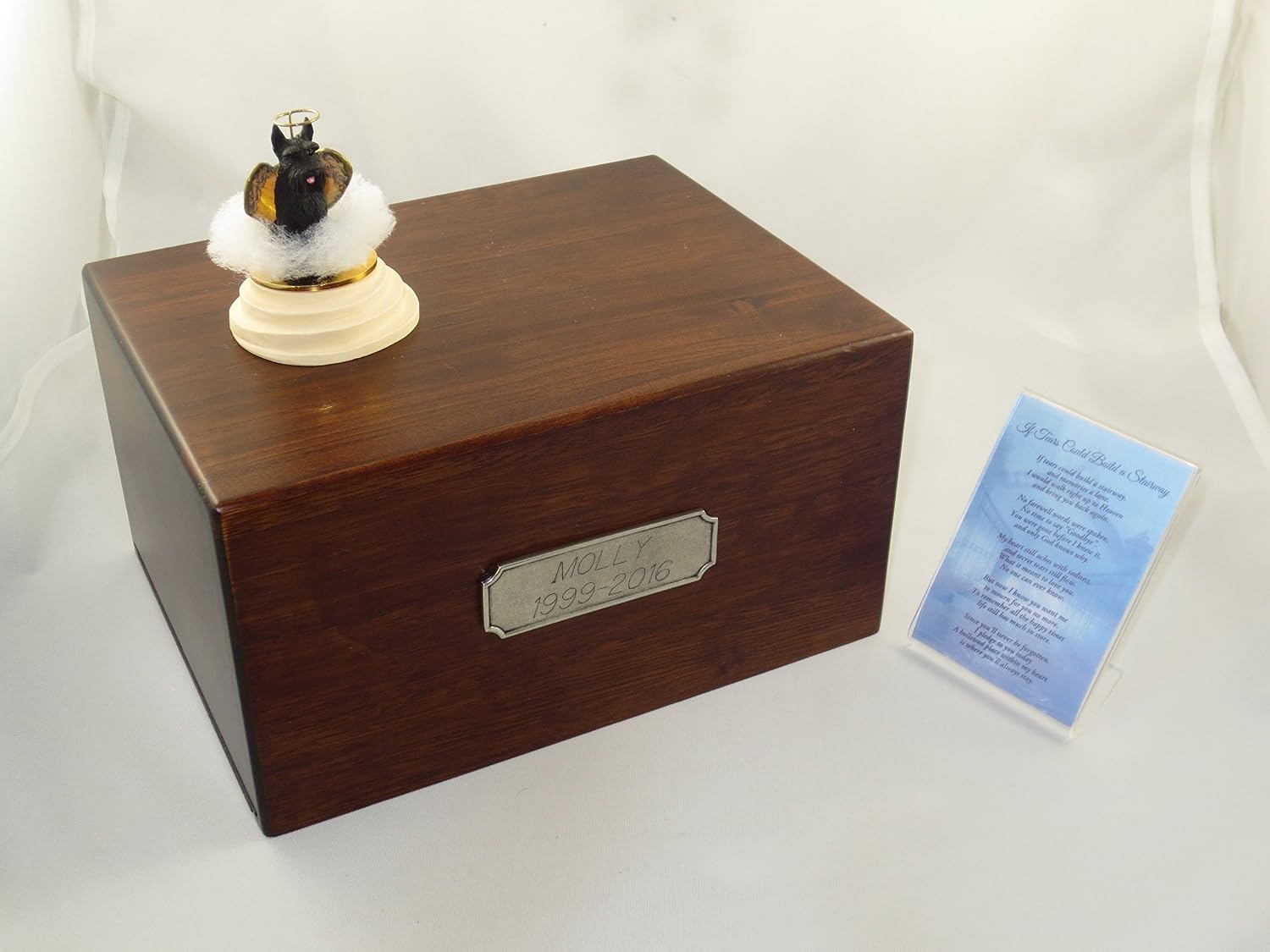 Beautiful Paulownia Large Wooden Urn with Black Giant Schnauzer Stairway to Heaven Figurine with Poem & Personalized Pewter Engraving