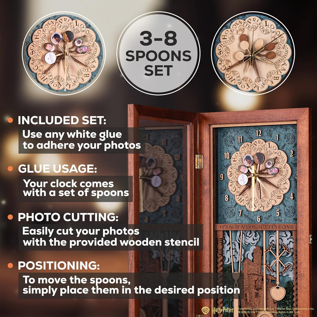 ZE WOOD Weasley Family Harry Potter 3D Wall Clock - Unique Collectible Oak Brown Wooden Clock, Silent Large Modern Rustic Decorative Home Decor for Harry Potter Fans, Mother's Day Gift (5 spoons, M)