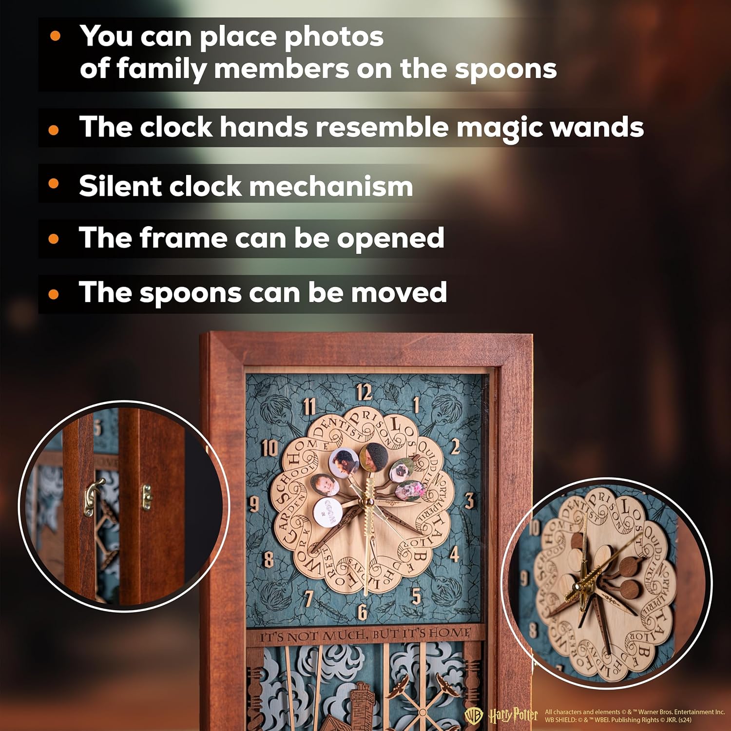 ZE WOOD Weasley Family Harry Potter 3D Wall Clock - Collectible Coffee Brown Wooden Clock, Silent Large Modern Rustic Decorative Home Decor for Harry Potter Fans, Mother's Day Gift (5 spoons, M)
