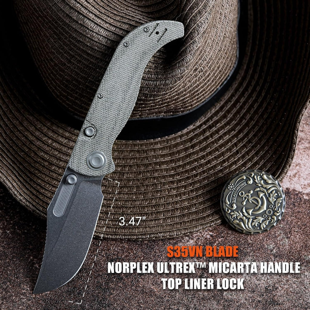 Vosteed Naga EDC Folding Pocket Knife - 3.47' S35VN Stonewash Blade, Clip Point - Top Liner Lock, Green Norplex UltreX™ Micarta Handle - Hunting, Fishing Knives - A3902