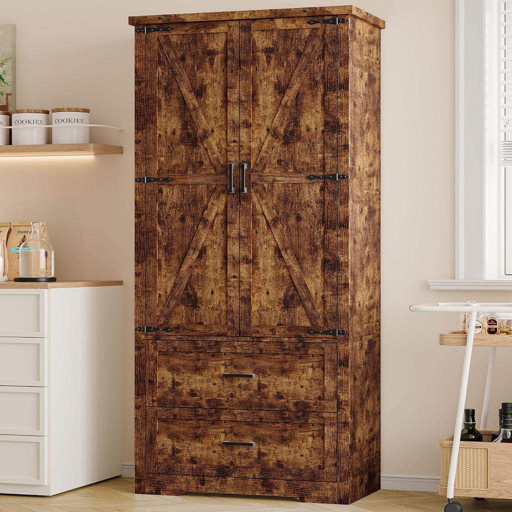 BORNOON Pantry Organizers and Storage Cabinet, 71' Barn Door White Kitchen Cabinet with Drawers and Adjustable Shelf, Tall Pantry for Kitchen, Dining Room, Living Room. Bathroom and Office