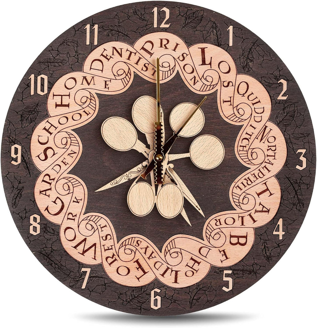 ZE WOOD Weasley Family Round Clock - Harry Potter 3D Wall Clock - Unique Dark Wooden Clock, Silent Large Modern Rustic Decorative Home Decor for Harry Potter Fans (6 spoons, M)