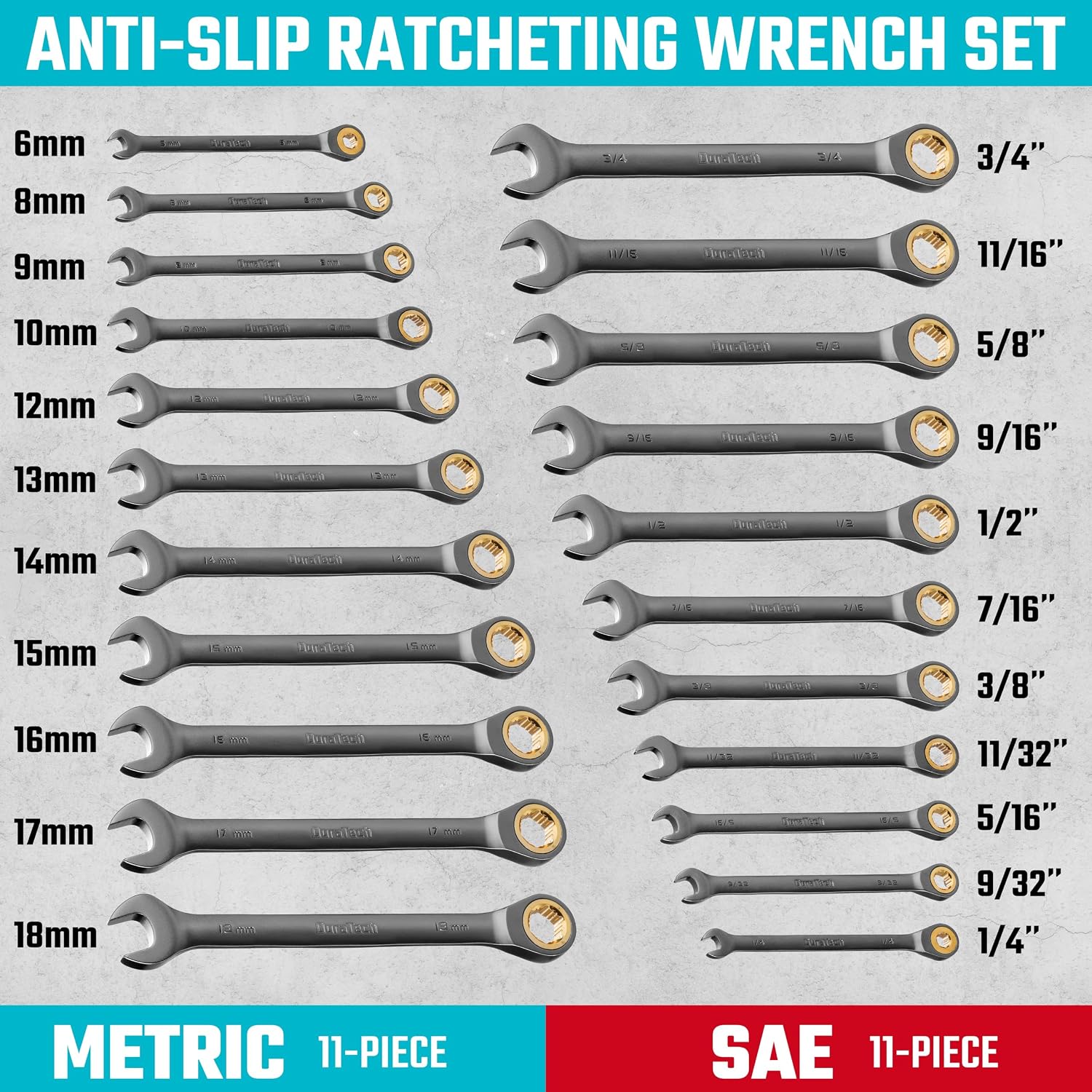 DURATECH Ratcheting Wrench Set, Anti-Slip Wrench Set, SAE & Metric, 44-piece, 1/4' to 3/4' & 6-18mm, CR-V Steel, with Pouch