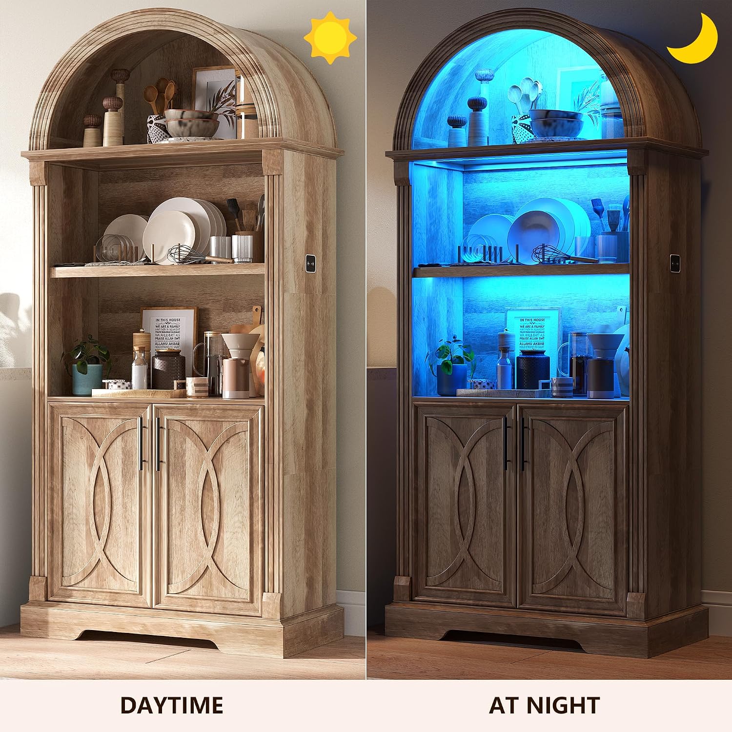 Vlsrka Arched Cabinet, Kitchen Pantry Cabinets with Open & Adjustable Shelves, Induction 3 Color Lights (Brown)